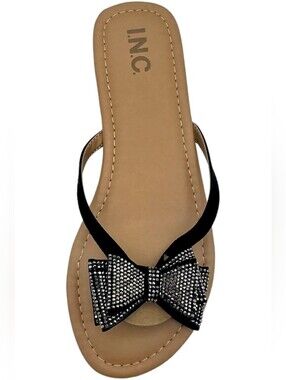 I.N.C. Mabae Rhinestone Bow Flat Sandals Black Bling Slip On 12 NIB